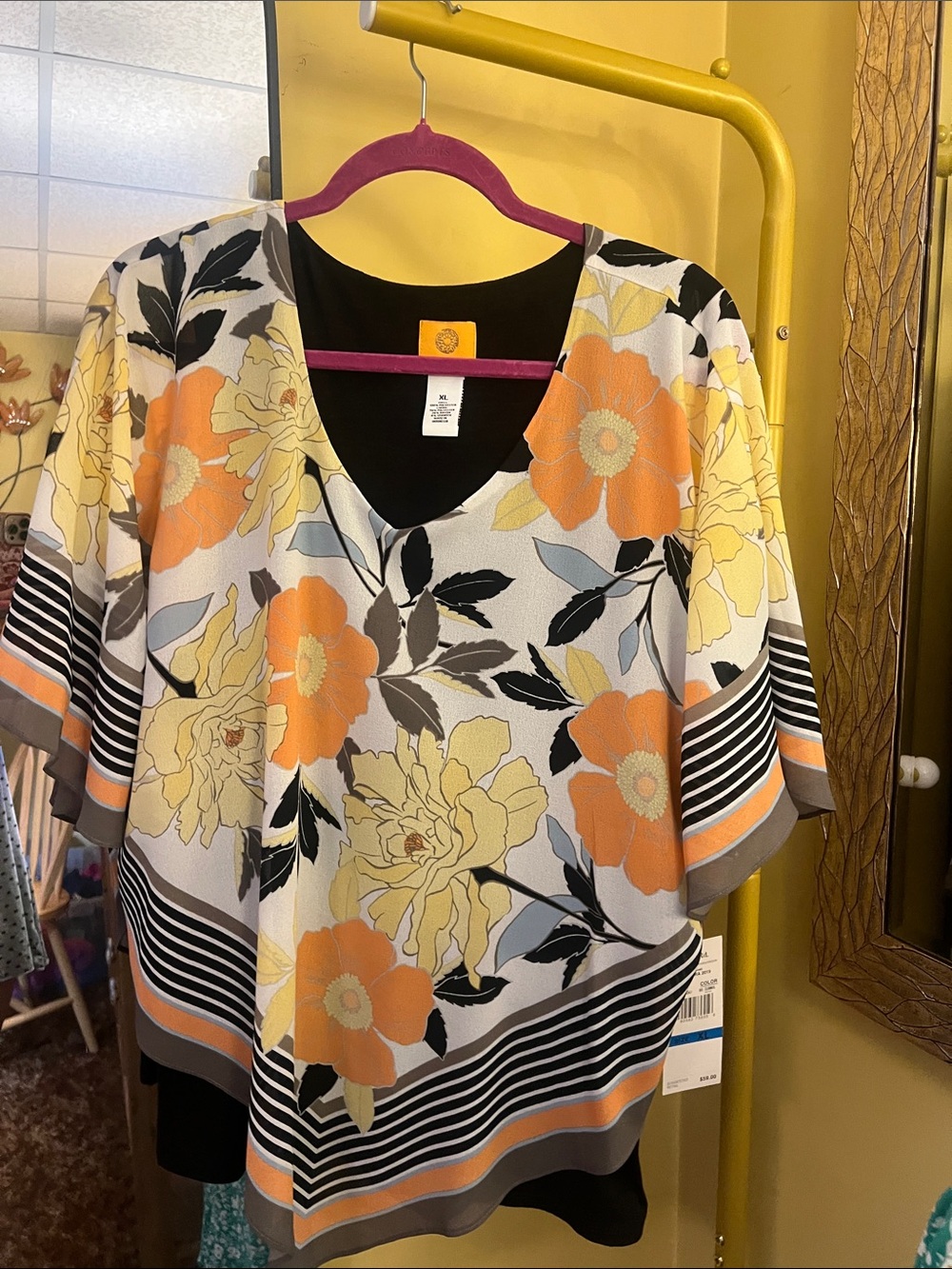 Ruby Rd. Floral V-Neck Blouse in Orange, Yellow and Black